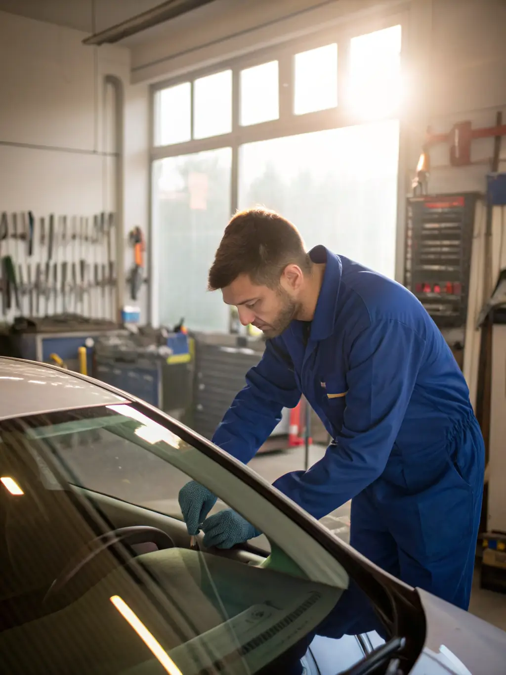 A technician replacing a windshield on a car in a workshop.