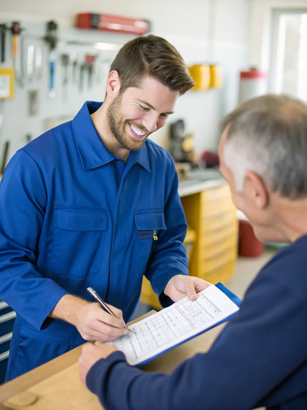 A customer receiving a free quote from a staff member at the workshop.
