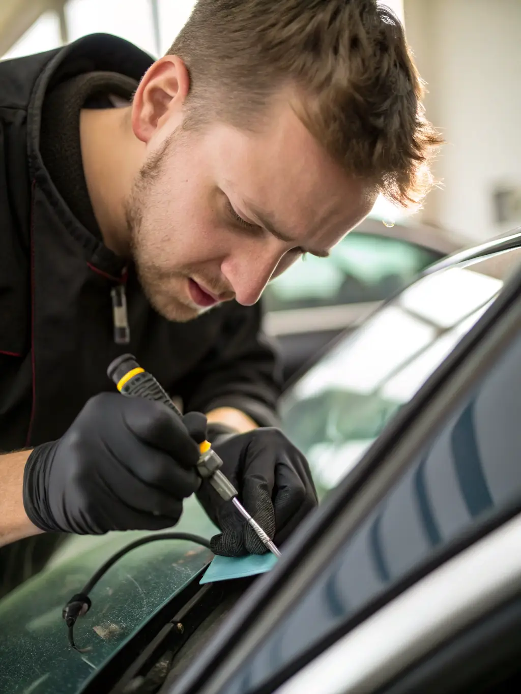 Technician repairing a rock chip on a windshield.